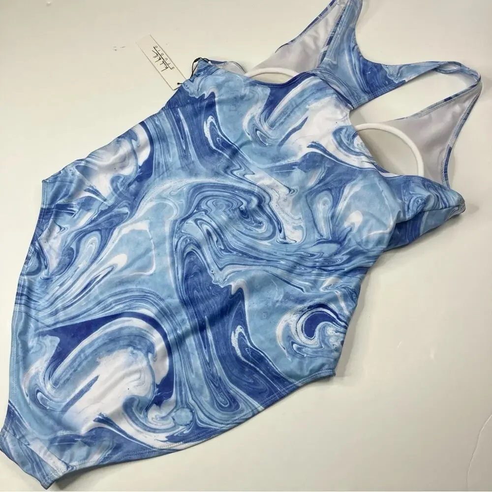 Nicole Miller Blue Tropic Swirl Print One Piece Racerback Swimsuit NWT Womens 3X